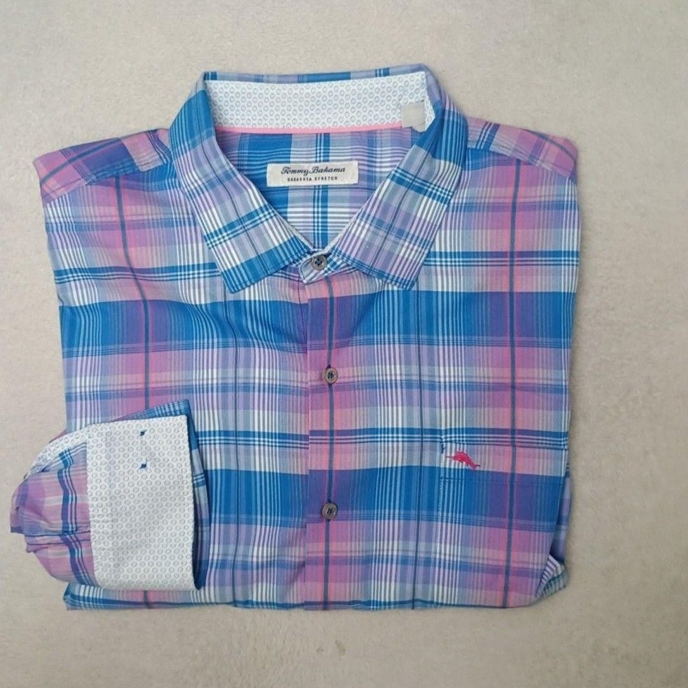 Tommy Bahama Shirt Mens 2XL Blue Pink Plaid Sarasota Stretch Button-Up Prismatic